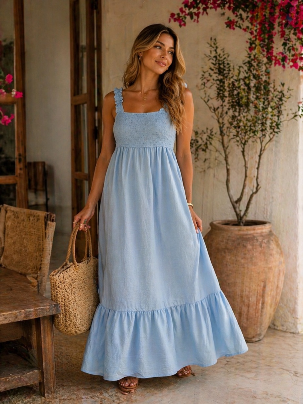 Sky Blue Smocked Maxi Dress | Resort Luxe Boho Chic | Size M